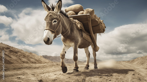 A donkey carrying gravel.