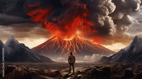 Generative AI, male scientist volcanologist on the background of an erupting volcano, the study of tectonic plates, lava, magma, earthquake, volcanology, crater, fire, traveler, brave man, eruption
