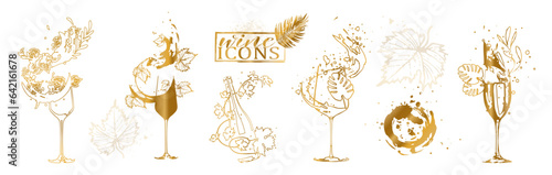 Wine icons for wine events. Sketch vector illustration. Hand drawn elements for invitation cards, advertising banner and menu cards. Splashing wine.