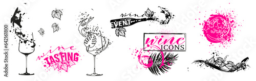 Wine icons for wine events. Sketch vector illustration. Hand drawn elements for invitation cards, advertising banner and menu cards. Splashing wine.