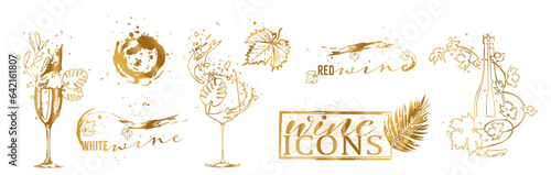 Wine icons for wine events. Sketch vector illustration. Hand drawn elements for invitation cards, advertising banner and menu cards. Splashing wine.