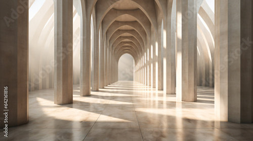 Sunlight filters through columns along a sleek  white corridor within a contemporary  geometric concrete structure..