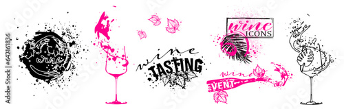 Wine icons for wine events. Sketch vector illustration. Hand drawn elements for invitation cards, advertising banner and menu cards. Splashing wine.