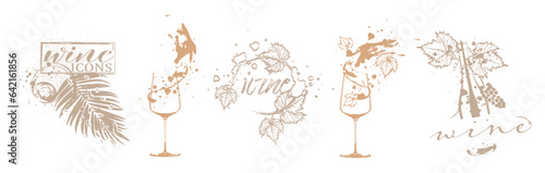 Wine icons for wine events. Sketch vector illustration. Hand drawn elements for invitation cards, advertising banner and menu cards. Splashing wine.