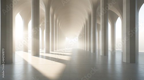 In a modern  geometric concrete building  sunlight streams through the columns of a lengthy  white hallway..