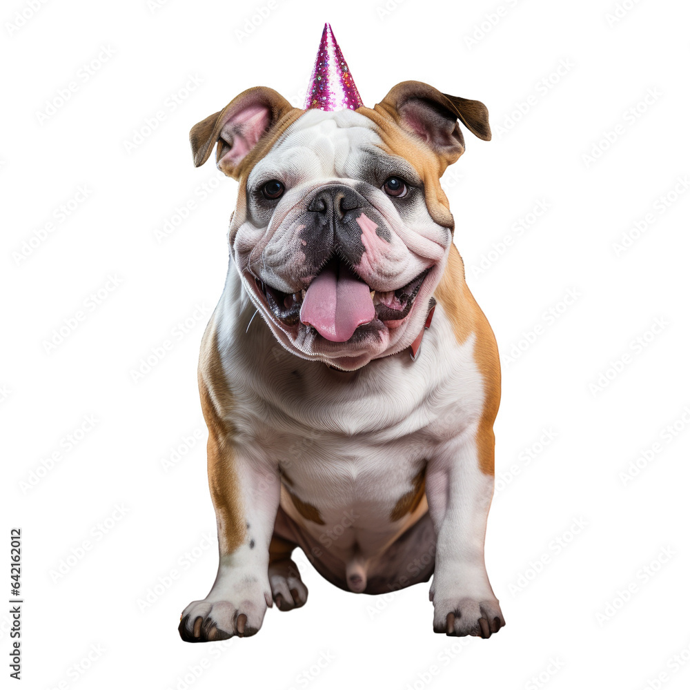 Happy bulldog celebrating 4th birthday party in studio transparent background