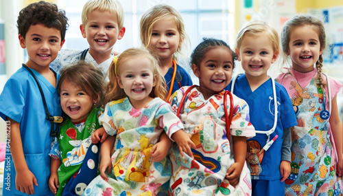 Education Medical for boys and girls in the Science school of future doctors. School children wearing medical gowns at school playing doctors. Generative Ai