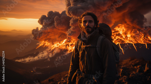 Generative AI, male scientist volcanologist on the background of an erupting volcano, the study of tectonic plates, lava, magma, earthquake, volcanology, crater, fire, traveler, brave man, eruption