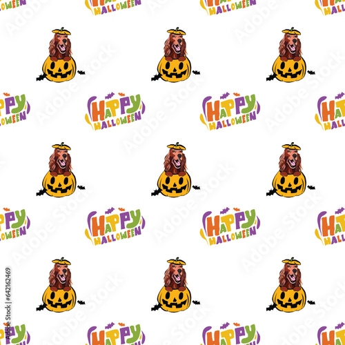 Happy Halloween seamless pattern. Halloween pattern with Happy Halloween text and Irish setter dog peeking out from the pumpkin. Colorful Calligraphy, Hand Drawn Cartoon Halloween typography.