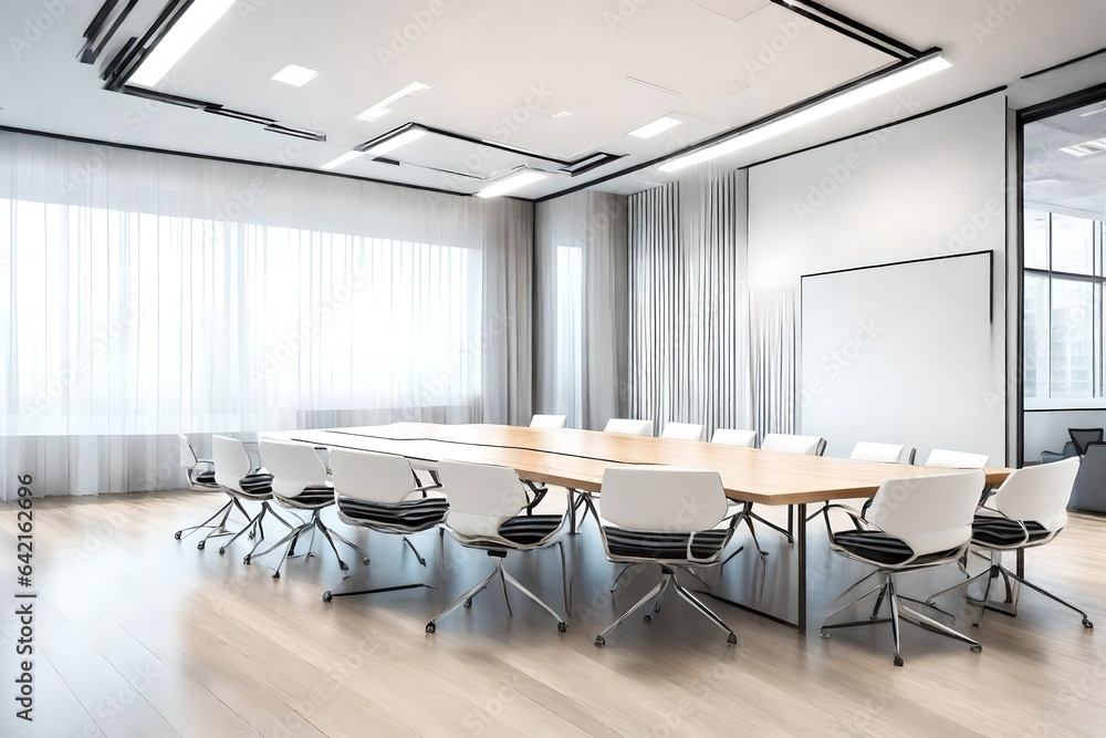 Creating a modern, stylish, and bright conference room with a white empty wall and modern furnishings in an office setting can provide an inspiring and professional environment for meetings. Creating a modern, stylish, and bright conference room with a white empty wall and modern furnishings in an office setting can provide an inspiring and professional environment for meetings.