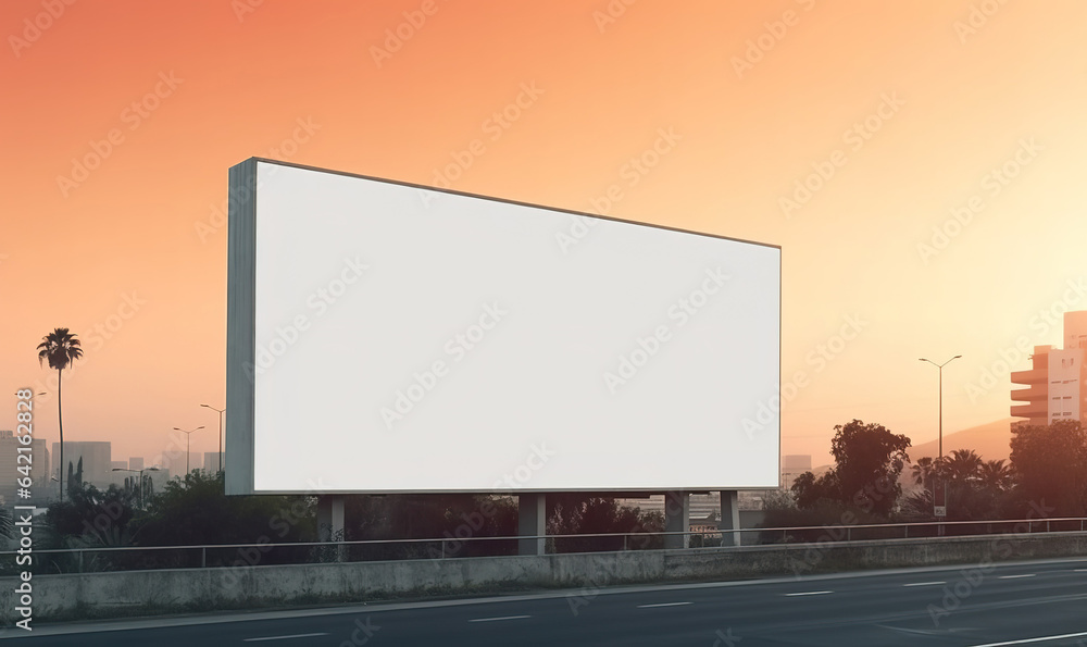 Mockup of a large white clean billboard, advertising poster placed on the street against a sunset sky Mockup of a large white clean billboard, advertising poster placed on the street against a sunset sky