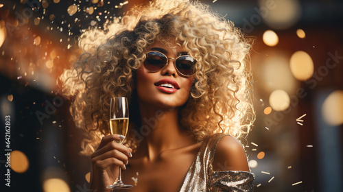 A beautiful ethnic blonde woman in an evening shiny dress is smiling and holding a glass of champagne. night party luxury background. Design ai