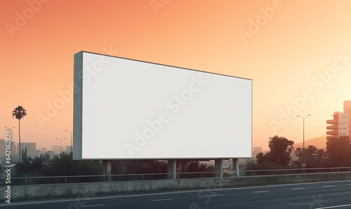 Mockup of a large white clean billboard, advertising poster placed on the street against a sunset sky