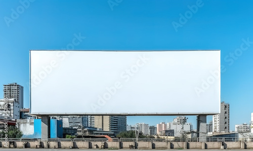 Mockup of a large white clean billboard, advertising poster placed on the street against a blue sky