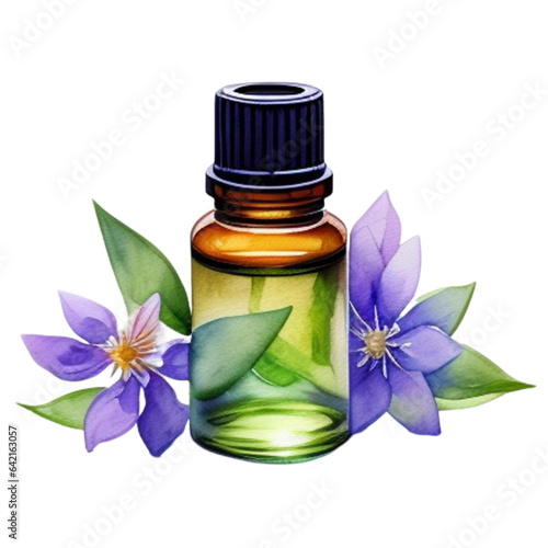 watercolor essential oil bottle, purple flowers, generative ai