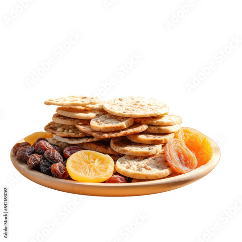 Dried fruits and digestive biscuits on ceramic transparent background Natural source of energy and fiber photo