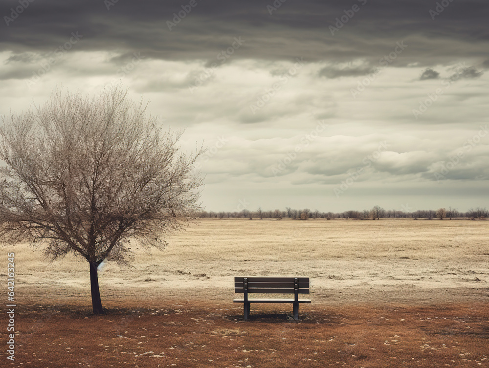 A desolate park bench, surrounded by an empty landscape. The sense of melancholy, emphasizing the theme of loneliness and depression.