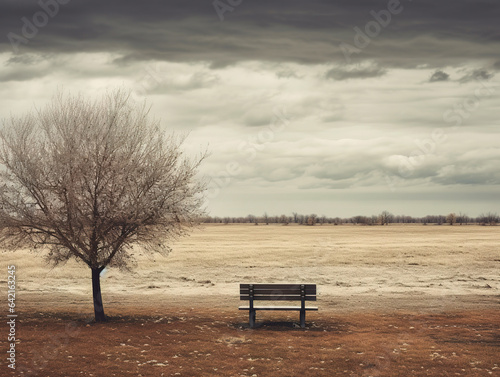 A desolate park bench  surrounded by an empty landscape. The sense of melancholy  emphasizing the theme of loneliness and depression.