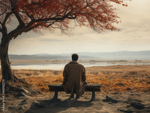 Aone on a desolate park bench, surrounded by an empty landscape. Sense of melancholy, emphasizing the theme of loneliness and depression.