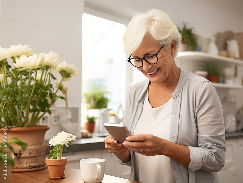 Happy mature old female holding smartphone using mobile phone app. Technology, communication and people concept - happy senior woman with smartphone at home. ai design Happy mature old female holding smartphone using mobile phone app. Technology, communication and people concept - happy senior woman with smartphone at home. ai design