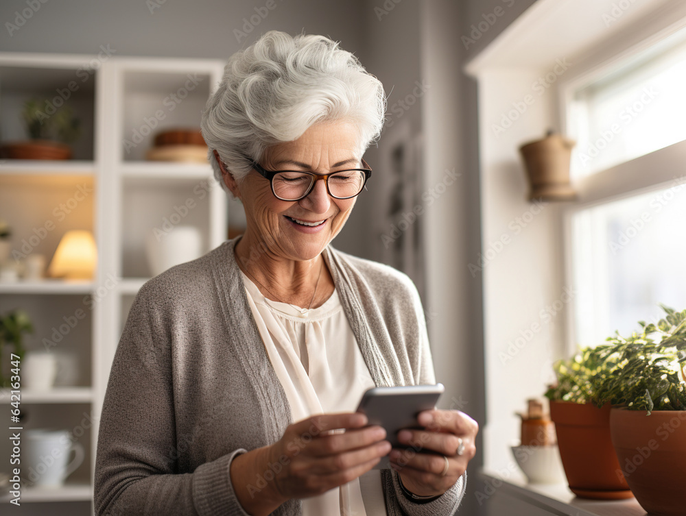 Happy mature old female holding smartphone using mobile phone app. Technology, communication and people concept - happy senior woman with smartphone at home. ai design Happy mature old female holding smartphone using mobile phone app. Technology, communication and people concept - happy senior woman with smartphone at home. ai design