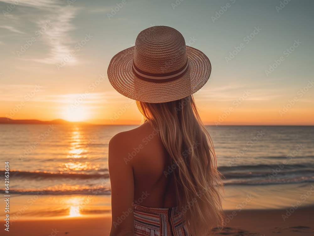 Rear view image of a woman with hat and bag looking at the sea with sunset sky background. High quality photo