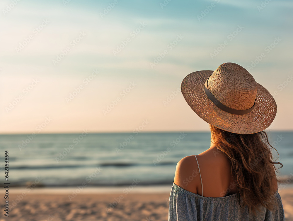 Rear view image of a woman with hat and bag looking at the sea with blue sky background. High quality photo