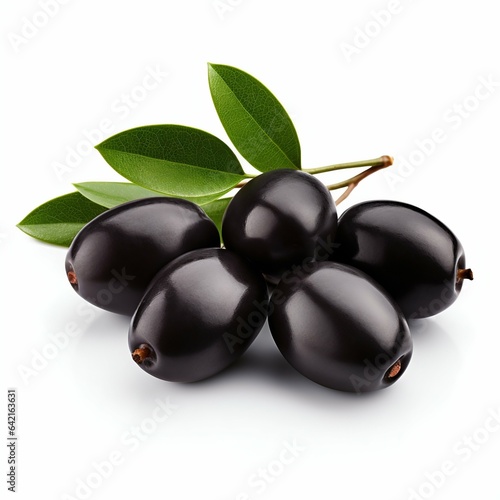 Black Olives with Fresh Leaves on White. Generative ai