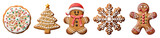 Gingerbread christmas snowflake star santa man tree cookie biscuit on transparent background cutout. PNG file. Many assorted different design. Mockup template for artwork design