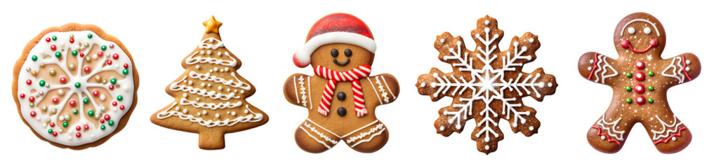 Gingerbread christmas snowflake star santa man tree cookie biscuit on transparent background cutout. PNG file. Many assorted different design. Mockup template for artwork design


