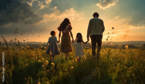 parent, meadow, family, mother, child, relaxation, journey, nature, freedom, together. background image is mother and children walk together at meadow, field of flower on sunset to relaxation.