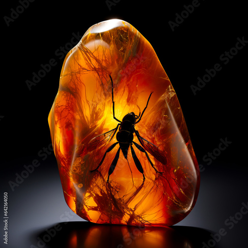 Large piece of Amber with an insect caught or trapped inside. Insects from the past trapped in resin. Shallow field of view, dark background. © henjon