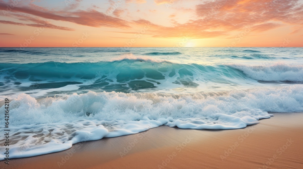 Fototapeta premium wave, beach, summer, sand, sea, ocean, travel, nature, lagoon, paradise. background picture is wave of ocean beach. color of sea is navy and green blue. when wave impact at sand born of bubble so much