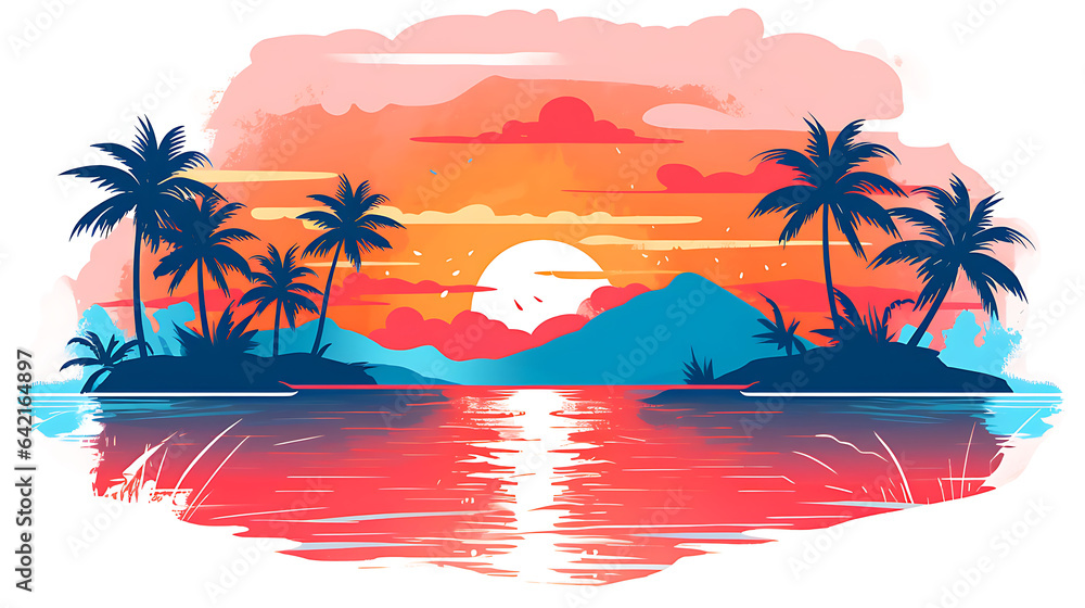 Risograph, digital Illustration, of a tropical island with a romantic sunset 