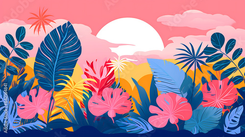 Risograph styled illustration, digital illustration showing colorful plants and flowers in the jungle
