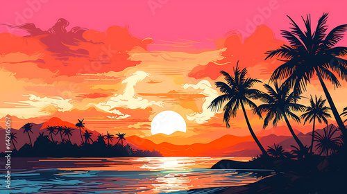 Risograph  digital Illustration  of a tropical island with a romantic sunset