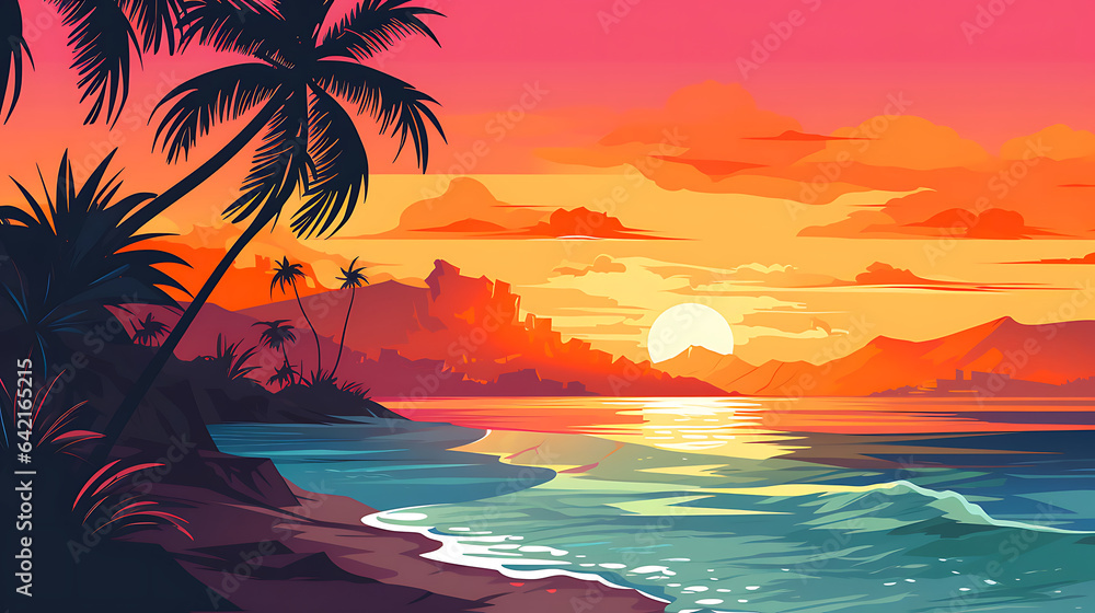 Risograph, digital Illustration, of a tropical island with a romantic sunset