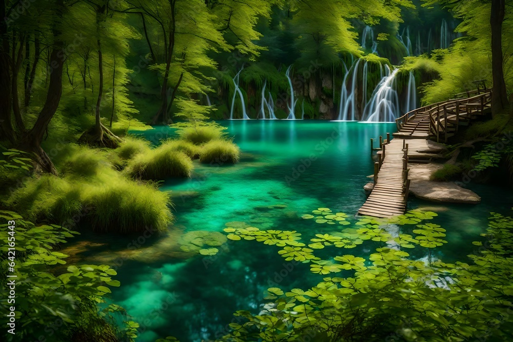 Fototapeta premium Nestled deep within an untouched wilderness, a crystal-clear mountain stream embarks on its gentle and melodic journey. Born high in the rugged peaks, its pristine waters cascade downward, serenading 