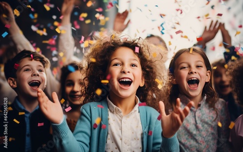Cute little girl with curly hair is having fun with confetti at party Birthday party concept with Copy Space.