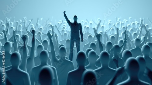 leadership conceptual image, a true born leader standing in front of the cheering crowd, white and blue. beautiful Generative AI AIG32