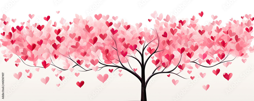 Pink red tree with heart leaves isolated. wide banner