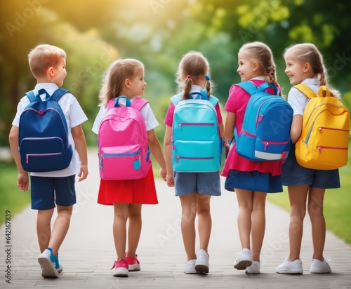 Back to school. Happy children ready for primary school. Pupils on first day of school. Girls and boys with backpacks. Education for kindergarten and preschool kids.