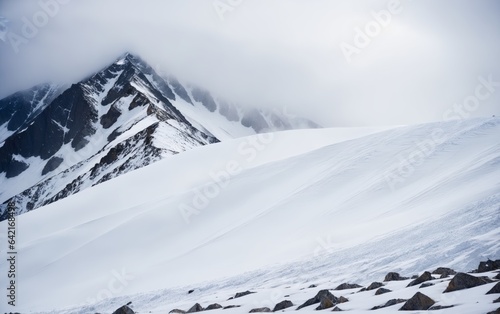 A mountain slope covered with a layer of snow during strong winds