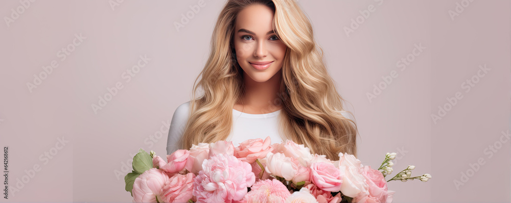 Beautiful slim girl with long blond hair with pink flowers. On white or light background. Beautiful slim girl with long blond hair with pink flowers. On white or light background.