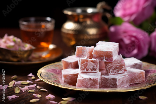 pieces of Turkish delight on a pink pastel plate. dessert. sweetness