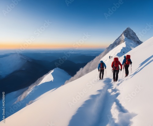 climbers climb to the top of the mountain in winter