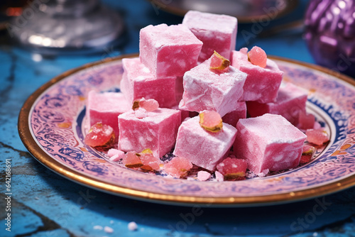 pieces of Turkish delight on a pink pastel plate. dessert. sweetness