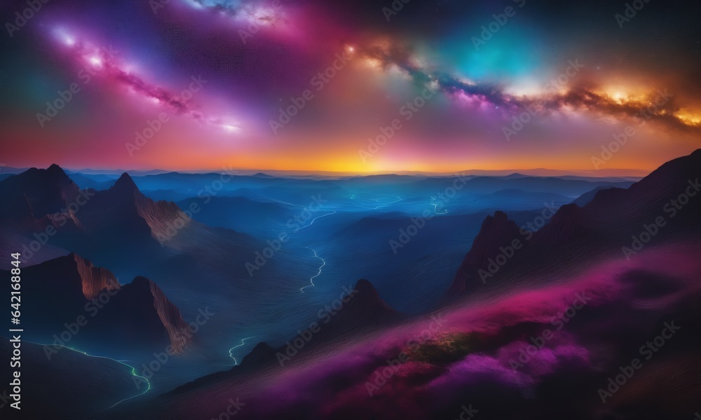  a colorful sky with mountains and a lake in the foreground and a star filled sky