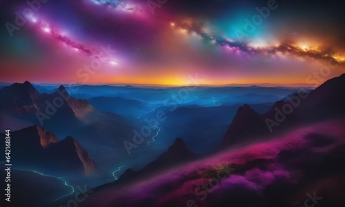  a colorful sky with mountains and a lake in the foreground and a star filled sky