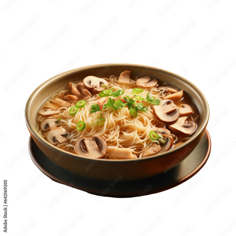 Chicken and mushroom Chinese noodle soup served in a restaurant by a waiter transparent background Chicken and mushroom Chinese noodle soup served in a restaurant by a waiter transparent background